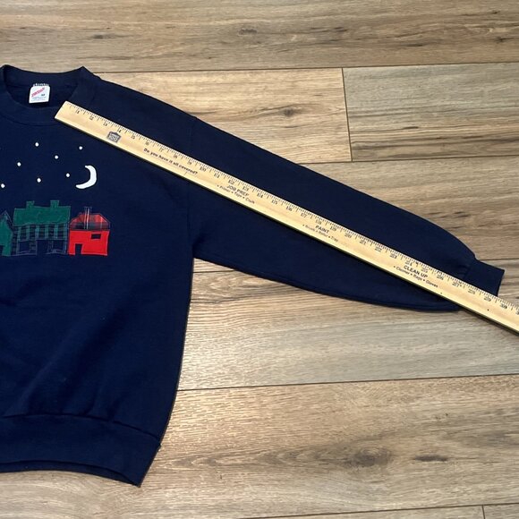 VTG Row House Nighttime Sweatshirt Adult MEDIUM Navy Blue Rhinestones USA Made - Picture 5 of 10
